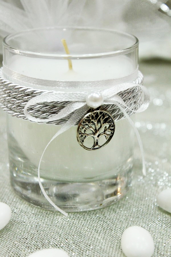 Μπομπονιέρα γάμου με λευκό κερί σε ποτήρι & μοτίφ δέντρο ζωής