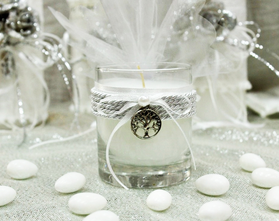 Μπομπονιέρα γάμου με λευκό κερί σε ποτήρι & μοτίφ δέντρο ζωής