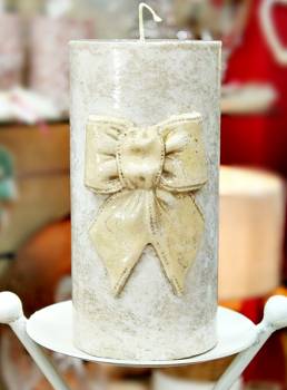 Χειροποίητο κερί γάμου για κηροστάτη εκρού vintage με φιόγκο 10X20cm