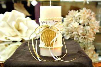 Χειροποίητο διακοσμητικό αρωματικό ιβουάρ κερί με χρυσό ρόδι και ευχές 6.5x15cm