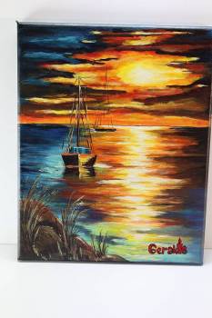 HANDMADE ON CANVAS 35x25  boat to sea