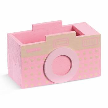Ροζ ξύλινη μολυβοθήκη - φωτογραφική μηχανή